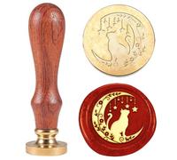Hobbspring 1 x gatto con mezzaluna di luna timbro di cera timbro di cera di gatto cartone animato testa di tampone rimovibile in ottone da 25 mm con manico in legno per buste di invito