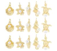 Hobbspring 15 ciondoli oceanici da spiaggia, 5 stili, placcati in oro 18 carati, con perla dorata, stella marina, tartaruga, cavalluccio marino, conchiglia per la creazione di gioielli