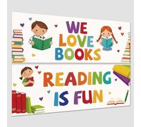 Hobbspring 2 pezzi divertenti aula da parete, libri di lettura, striscioni per studiare, cuori colorati, poster educativi per insegnanti prescolari, libreria, simpatici cartoni animati per l'asilo a