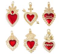 Hobbspring 6 ciondoli a forma di cuore rosso gotico, 6 stili, in ottone placcato oro 18 carati, con zirconi, ciondolo a forma di cuore sacro, con anello di piegatura per la creazione di gioielli fai