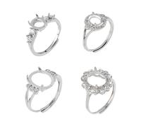 Hobbspring Set di 4 anelli pronti, 4 stili, con componenti di anelli di zirconia, ovali, in ottone, platino, con artigli regolabili, anelli grezzi per artigianato fai da te e creazione di gioielli