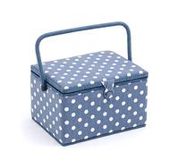Hobby Gift Esclusiva grande scatola da cucito, scatola portaoggetti artigianale, vassoio per accessori, puntaspilli, manico in PVC, 23,5 x 31 x 20 cm, denim a pois