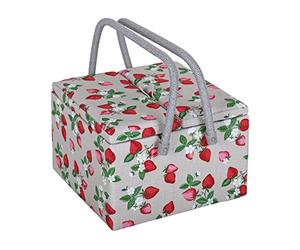 Hobby Gift Esclusivo grande contenitore per cucito e hobby con doppio coperchio, vassoio per accessori, tasche per puntaspilli, manici in PVC, 25 x 25 x 17 cm, fragole