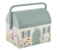 Hobby Gift Scatola da cucito ricamata - Stile cottage di campagna con motivo floreale, tetto e maniglia in vimini, include vassoio interno in plastica con scomparti per artigiani creativi 21x30x26cm