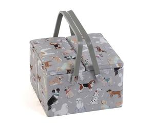 Hobby Gift Scatola Grande per Cucito con Doppio Coperchio e Manico - Cestino Porta Cucito in Cotone con Scomparti per Strumenti e Accessori Creativi - 25 x 25 x 17 cm, Cani Grigi