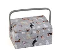 Hobby Gift Scatola Media per Cucito con Manico - Cestino Porta Cucito in Cotone con Scomparti per Strumenti e Accessori Creativi - 18,5 x 25,5 x 14,5 cm, Cani Grigi