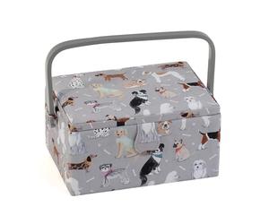 Hobby Gift Scatola Media per Cucito con Manico - Cestino Porta Cucito in Cotone con Scomparti per Strumenti e Accessori Creativi - 18,5 x 25,5 x 14,5 cm, Cani Grigi