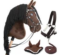 Hobby Horse Bai Marrone crine Neri. Set completo di accessori per cavallo: rete, mors, redini, cavezza, cordino e berretto marrone. Testa di cavallo bastone per Hobby Horsing Bambini E Adolescenti