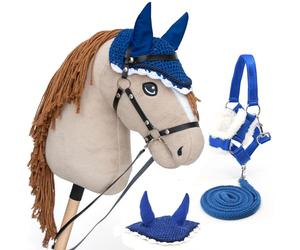 Hobby Horse Beige A3, cavallo bastone completo di rete, mors, redine, cavezza e berretto anti-insetti blu. Testa di cavallo bastone per Hobby Horsing Bambini E Adolescenti