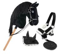 Hobby Horse Frison Nero A3, Cavalletto Completo di Rete, Mors, Redine, Capezzolo e Cappello Anti-Insetti. Testa di cavallo bastone per Hobby Horsing Bambini E Adolescenti