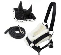 Hobby Horse - Set di accessori per cavezza con cordino e berretto anti-insetti, colore: nero e bianco, per Hobby Horsing