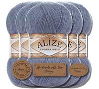 Hobby YARN 3 etichette con Alize Angora Gold Lana Premium 5 x 100 g come set, Yarn, filato, mohair sottile in lana vergine, tinta unita, filato (Denim Melange - 203)