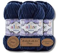Hobby YARN 3 etichette con Alize Velluto lana Premium 3 x 100 g come set, ciniglia spessa per uncinetto, tinta unita, colore: blu navy