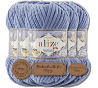 Hobby YARN Alize Velluto - Set da 5 gomitoli da 100 g ciascuno di lana turca super bulky per lavori a maglia, colore denim 374