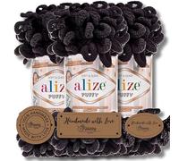 Hobby YARN Set - Alize Puffy 3x 100g lana ad anelli per maglia a dita & 3 etichette in ecopelle PU, ciniglia morbida, senza ferri e uncinetto (1060)