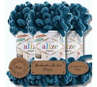 Hobby YARN Set - Alize Puffy 3x 100g lana ad anelli per maglia a dita & 3 etichette in ecopelle PU, ciniglia morbida, senza ferri e uncinetto (646)