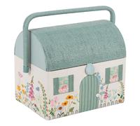 Hobby Gift Scatola da cucito ricamata - Stile cottage di campagna con motivo floreale, tetto e maniglia in vimini, include vassoio interno in plastica con scomparti per artigiani creativi 21x30x26cm