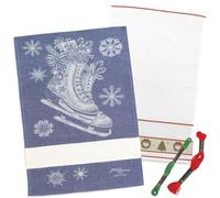 hobbymio.it Set 2 Strofinacci Natalizi da Ricamare a Punto Croce con 2 Matassine Mouliné Incluse - Canovaccio in Spugna Ghirlanda Bianco e strofinaccio Pattino - Kit Ricamo Natale (08 Blu)