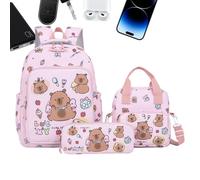 Hobngmuc Capybara - Set di borse casual per libri e ragazze, zaino per bambini e ragazze, con astuccio e borsa per il pranzo, per la scuola e i viaggi, rosa, Fare riferimento alla descrizione, Unisex