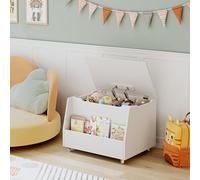HOCSOK Cassapanca Baule Portagiochi, Contenitore per Bambini con 4 Ruote, Baule Portagiochi Mobile, per Stanza dei Giochi, Cameretta per Bambole, Giocattoli, Legno, Bianco 62 x 48 x 46 cm