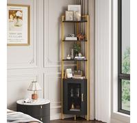 HOCSOK Libreria Angolare a 6 Ripiani, Scaffale Angolare con Porta, Mensola Angolare, Mobili Salvaspazio, Porta Piante Ferro per Soggiorno, Bagno, Cucina, con Telaio in Acciaio, Nero e Oro