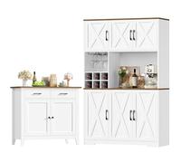HOCSOK Set di mobili da cucina bianco, armadietto da buffet con portabottiglie e porta bicchieri, credenza da cucina con 2 cassetti, armadietto alto per bar, sala da pranzo, soggiorno, stile rustico