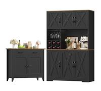 HOCSOK Set di mobili da cucina, buffet con portabottiglie e porta bicchieri, credenza da cucina con 2 cassetti, armadietto alto per bar, sala da pranzo, soggiorno (nero)