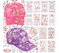 HOCUCHELAND Regalo Bambina, 2 Pezzi Fai da Te Baseball cap, Regolabile Cappello Baseball Autocostruito Cappelli con 12 Foglie e Pietre Glitterate Adesive, Personalizzato Cappello Donna Estivo