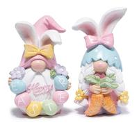 Hodao Adorabile set di 2 gnomi pasquali con orecchie da coniglio, uova floreali intagliate a mano, fiocchi glitterati e carote scintillanti, decorazione in resina di alta qualità per soggiorno, tavolo