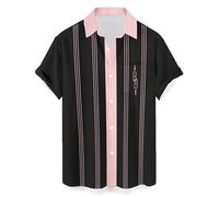 Hodaweisolp - Camicia da uomo casual a maniche corte, con bottoni, stile bowling, estiva, a vestibilità larga, hawaiana, per la spiaggia, con righe nere e rosa - Taglia XL