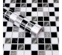 Hode Adesivo per Piastrelle Mosaico in Vinile Bianco e Nero Autoadesivo Impermeabile 44X500cm con Motivo a Fulmini in Marmo Pellicola Adesiva Adatta per Piastrelle da Bagno e Cucina