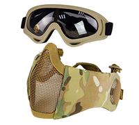 Hodeacc,set di maschere e occhiali per softair e occhiali,mezza maschera in rete metallica con protezione per le orecchie,anti UV,protezione per gli occhi per caccia all'aperto CS Game
