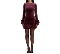 HodJIU Abito da Donna con Paillettes, A Spalla Singola, Maniche Lunghe, Mini Abito Aderente con Piume, Abito Scintillante per Feste, Cocktail, Abbigliamento da Club, Rosso vino., XL