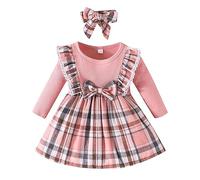 HodJIU Abito da principessa per bambina, a quadretti, rosso, a maniche lunghe, abito da sposa da sera, vestito da festa di Natale, abito invernale casual + fascia, Nodo rosa, 3-6 Mesi