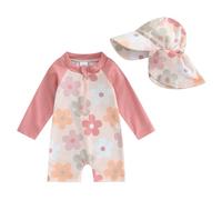 HodJIU Costume da bagno per neonate, ragazze, con protezione UV, intero + cuffia da bagno, set per neonati, rosa a fiori, 0-3 Mesi