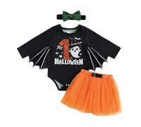 HodJIU Costume per Halloween da bambina, set di 3 body da pipistrello + arancione tutù gonna in tulle + fascia per costume di Halloween, vestito da festa, Nero Il mio primo Halloween, 18-24 Mesi