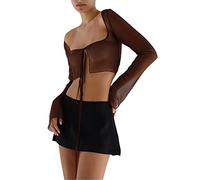 HodJIU Donna Tie-Up Sexy Sheer Mesh Crop Top Manica Lunga Cropped Cardigan Bolero Shrug Trasparente T-shirt Camicetta Y2k Beach Cover Ups, Marrone, S