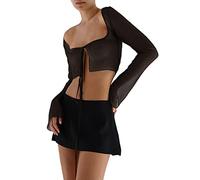 HodJIU Donna Tie-Up Sexy Sheer Mesh Crop Top Manica Lunga Cropped Cardigan Bolero Shrug Trasparente T-shirt Camicetta Y2k Beach Cover Ups, Nero , L
