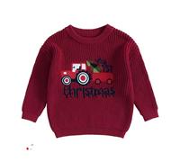 HodJIU Maglione natalizio a maniche lunghe per neonati e ragazze, maglione lavorato a maglia con scritta "My First Christmas", Trattore Rosso, 0-3 Mesi