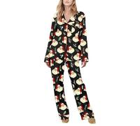 HodJIU Pigiama natalizio da donna, con stampa di Babbo Natale e omino di pan di zenzero, a maniche lunghe, con bottoni, 2 pezzi, Nero , L