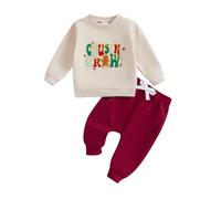 HodJIU - Tuta per neonati e bambini a Natale, con lettere, stella ricamata, felpa a maniche lunghe e pantaloni in tinta unita, set di 2 pezzi, cachi, 4-5 Years