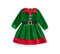 HodJIU Vestito di Natale per Ragazza, a Manica Lunga in Velluto Colori Contrasti con Cintura e Pompon Decorativi Costume Natale Principessa, Rosso e Verde, 2T-12T (Verde, 10-11 anni)