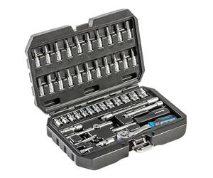 Högert Technik - Set di utensili 46 pezzi, set di chiavi a bussola e punte 1/4", acciaio CRV, chiave a forchetta, DIN 3124, in valigetta di acciaio