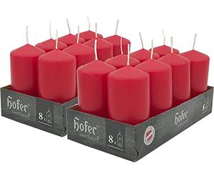 Hofer Candele Rosse a Colonna - 4,5 x 9 cm - Set di 16 Piccole Candele Decorative Cilindriche - Colore Rosso - Lunga Durata di 12 Ore - Cera Antigoccia - Non Profumate - Qualità RAL