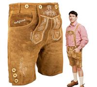 HOFGLANZ®, pantaloni corti da uomo in pelle, di alta qualità, con bretelle, tradizionali pantaloni in vera pelle, per Oktoberfest, comodi e robusti (taglie 46-58), marrone, 54