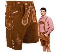 HOFGLANZ®, pantaloni corti da uomo in pelle, di alta qualità, con bretelle, tradizionali pantaloni in vera pelle, per Oktoberfest, comodi e robusti (taglie 46-58), marrone medio, 54