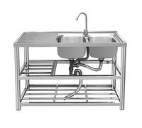 HOFMSX Lavello da Cucina, Lavanderia, Indipendente, Commerciale, in Acciaio Inox, Doppia Vasca, con banco da Lavoro e Ripiani portaoggetti, Rubinetto per Garage, Ristorante, Sala