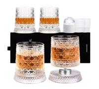 hoforife Set di 4 bicchieri da whisky, 270 ml | Bicchiere da whisky rotante a 360 gradi con base stabile senza piombo, 2 stampi per sfere di ghiaccio e confezione regalo per