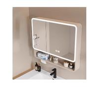 HOFUNTRE Mobiletto Specchio Bagno Sospeso，Specchio Contenitore Bagno Con 2 Porte Ripiano，Angoli Arrotondati, Disappannamento Efficiente, Grande Capacità Di Stoccaggio(Cream,60cm/23.6in)