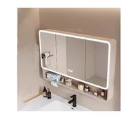 HOFUNTRE Mobiletto Specchio Bagno Sospeso，Specchio Contenitore Bagno Con 2 Porte Ripiano，Angoli Arrotondati, Disappannamento Efficiente, Grande Capacità Di Stoccaggio(Cream,90cm/35.4in)